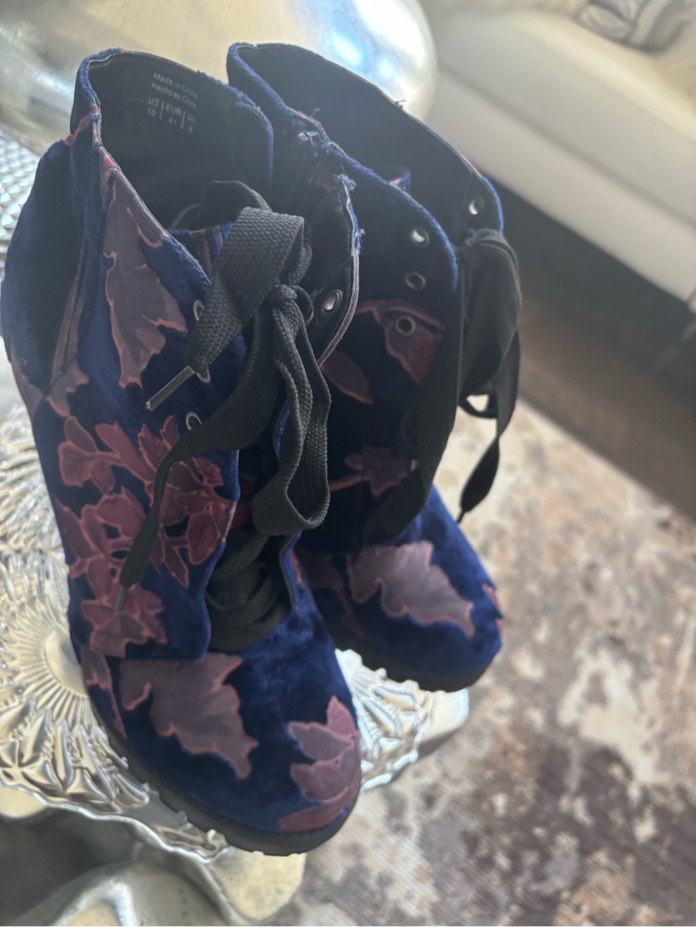 Velvet Floral Mick Jagger booties size 10 blue and purple